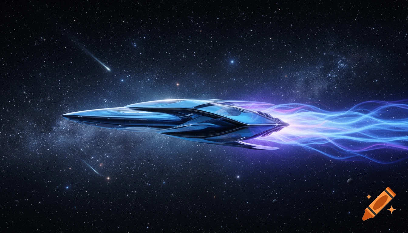A sleek, futuristic blue spaceship streaks through deep space, propelled by a glowing blue and purple plasma plume, set against stars and planets.