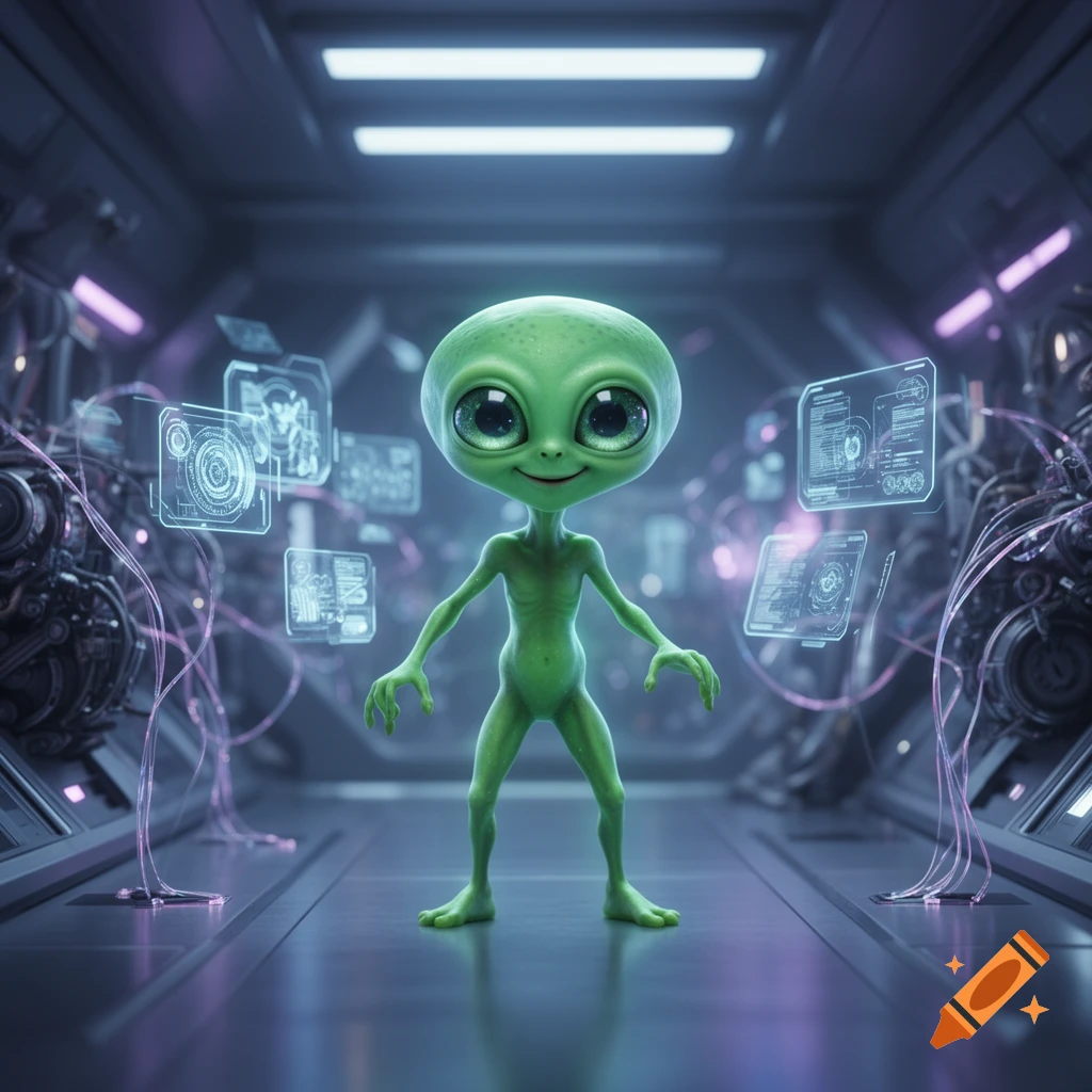 A cute green alien with big black eyes and a small smile stands in a futuristic spaceship corridor with glowing holographic screens.