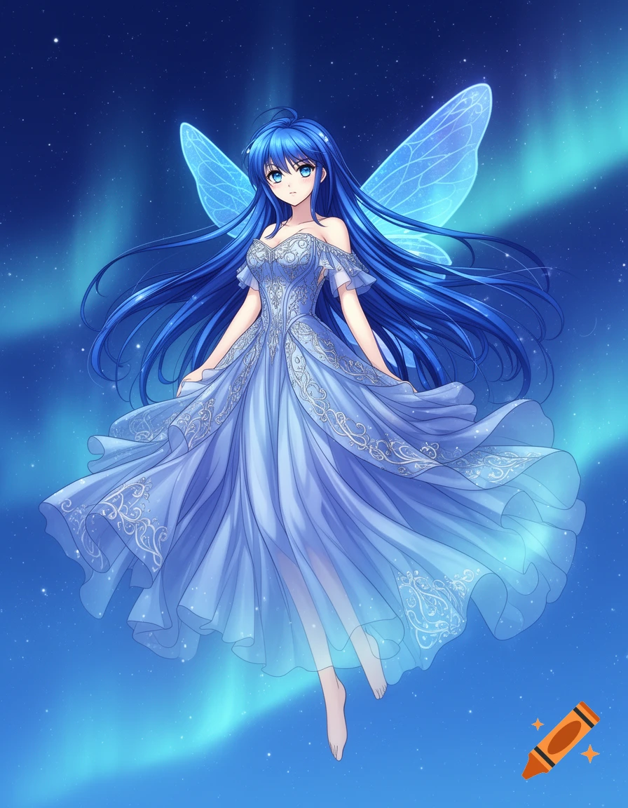 A blue-haired anime fairy with blue eyes and wings floats in a starry blue galactic sky, wearing an elegant silver-patterned dress.
