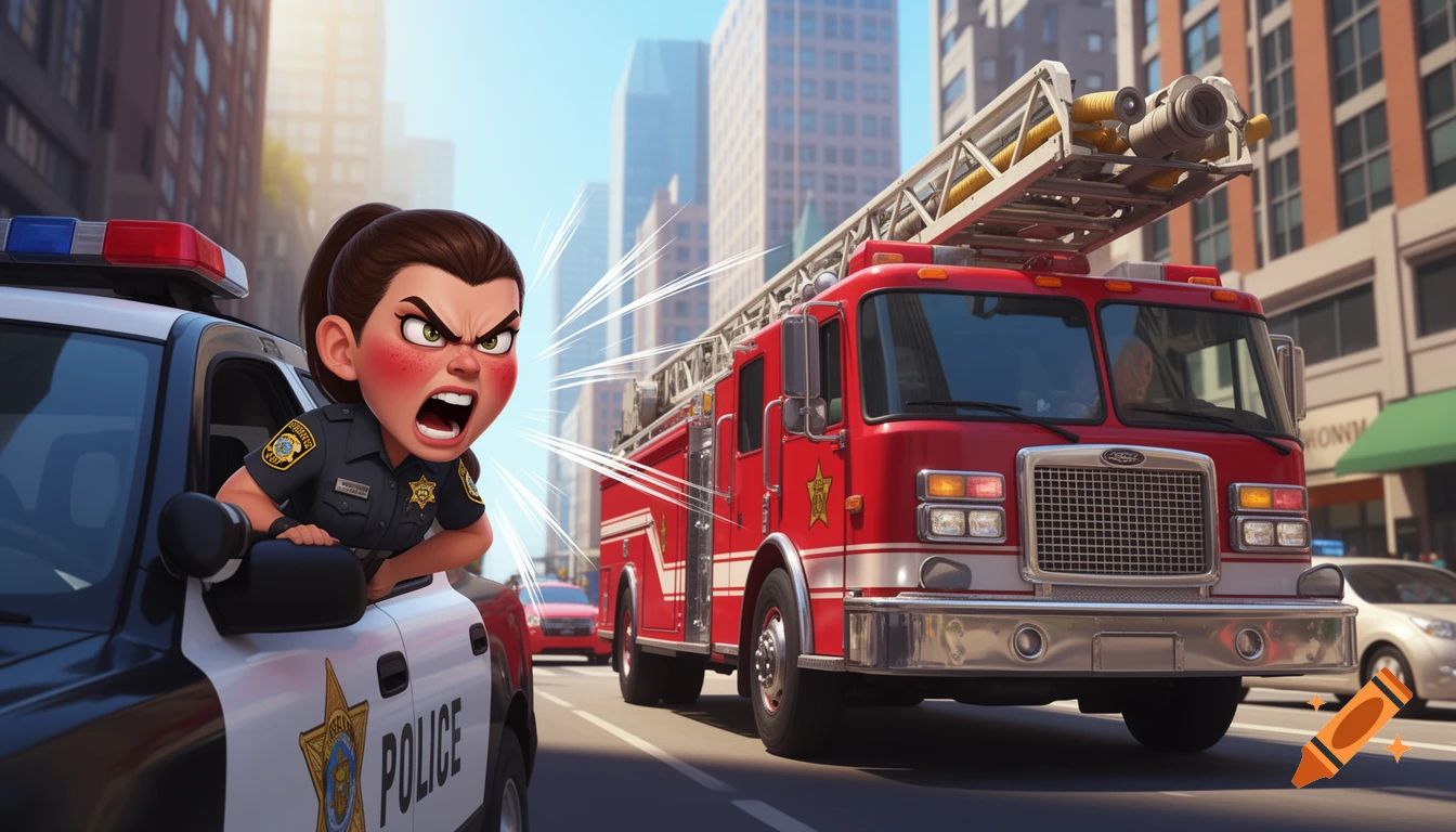 Angry cartoon police deputy screams from her car at a red firetruck blocking a city street.