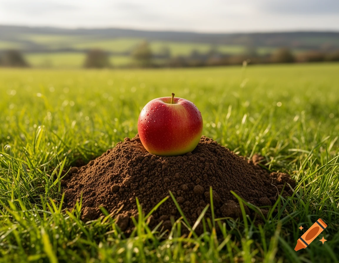 A red and yellow apple with water droplets sits atop a molehill in a vibrant green field under a bright sky.
