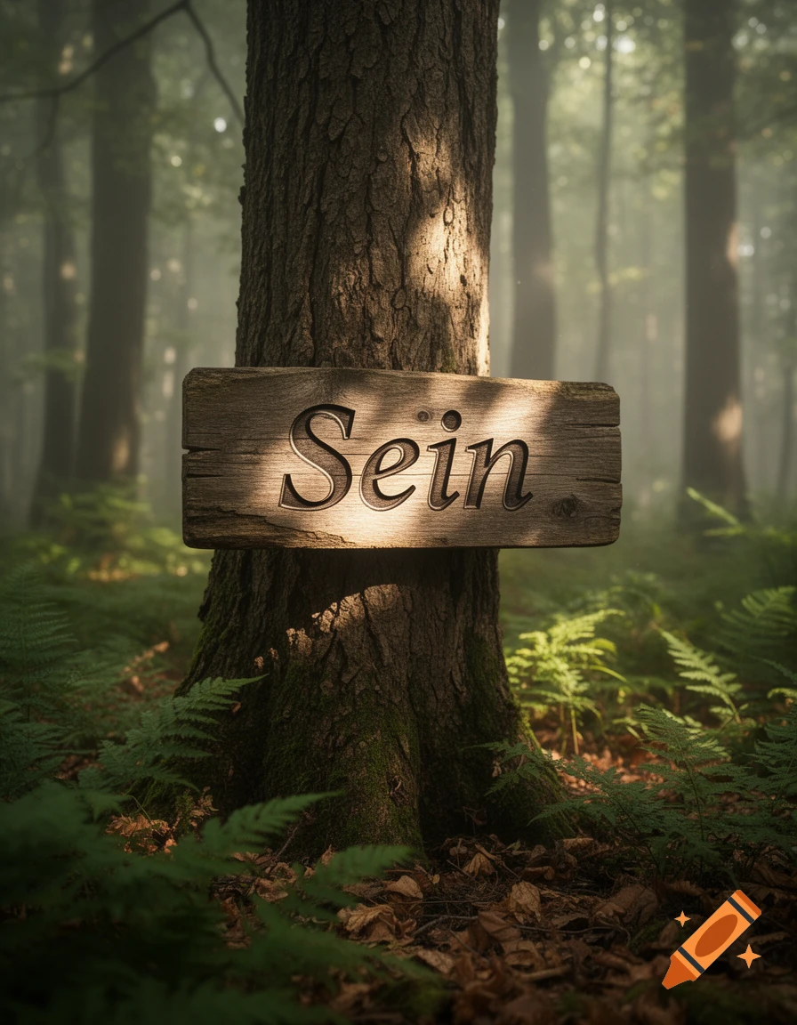 A wooden sign with "Sein" carved into it is attached to a tree trunk in a misty forest filled with ferns.