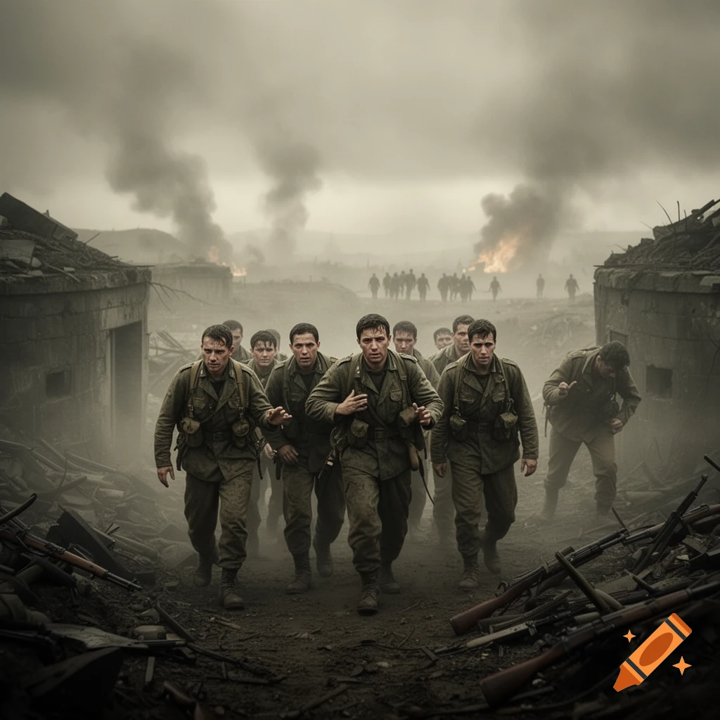 Photorealistic image of soldiers in green uniforms walking through a smoky, destroyed urban landscape with burning buildings in the background.
