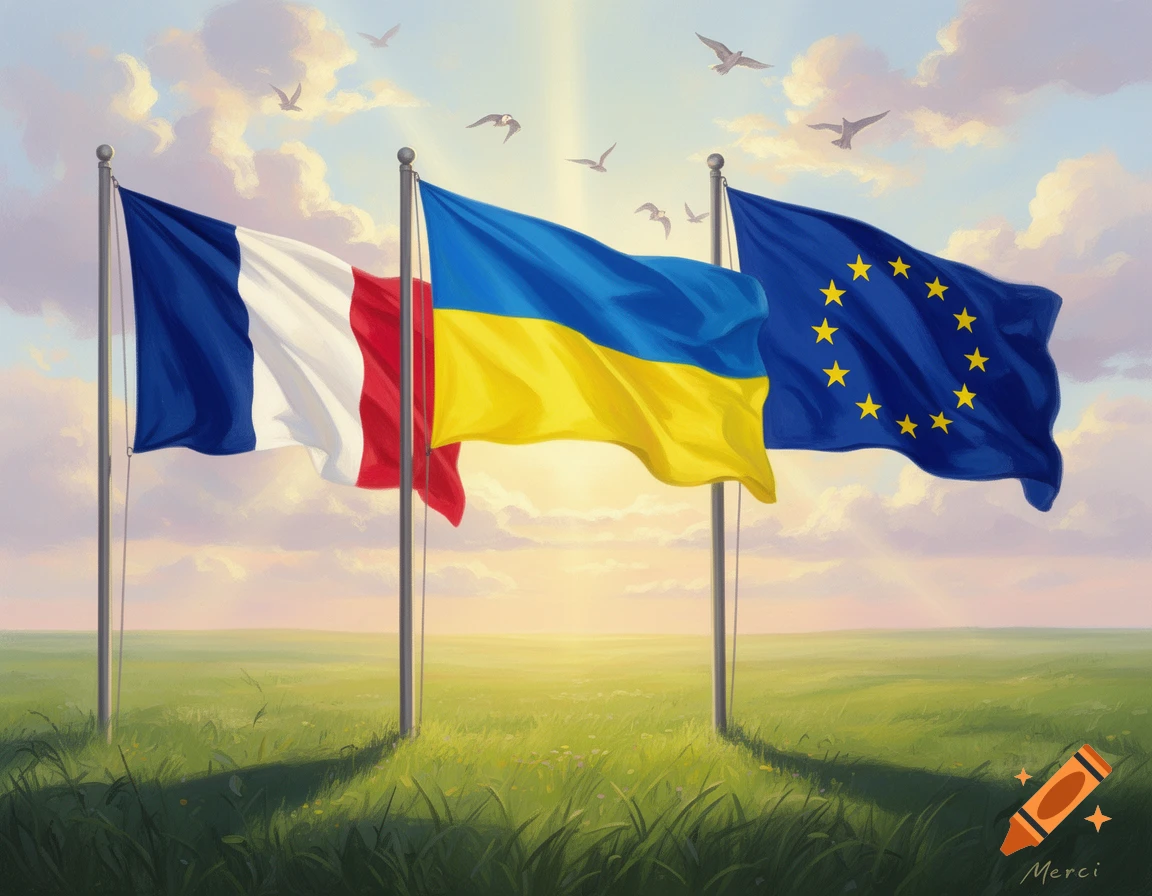 Digital painting of French, Ukrainian, and European Union flags waving on poles in a green field under a radiant sunrise sky with birds.