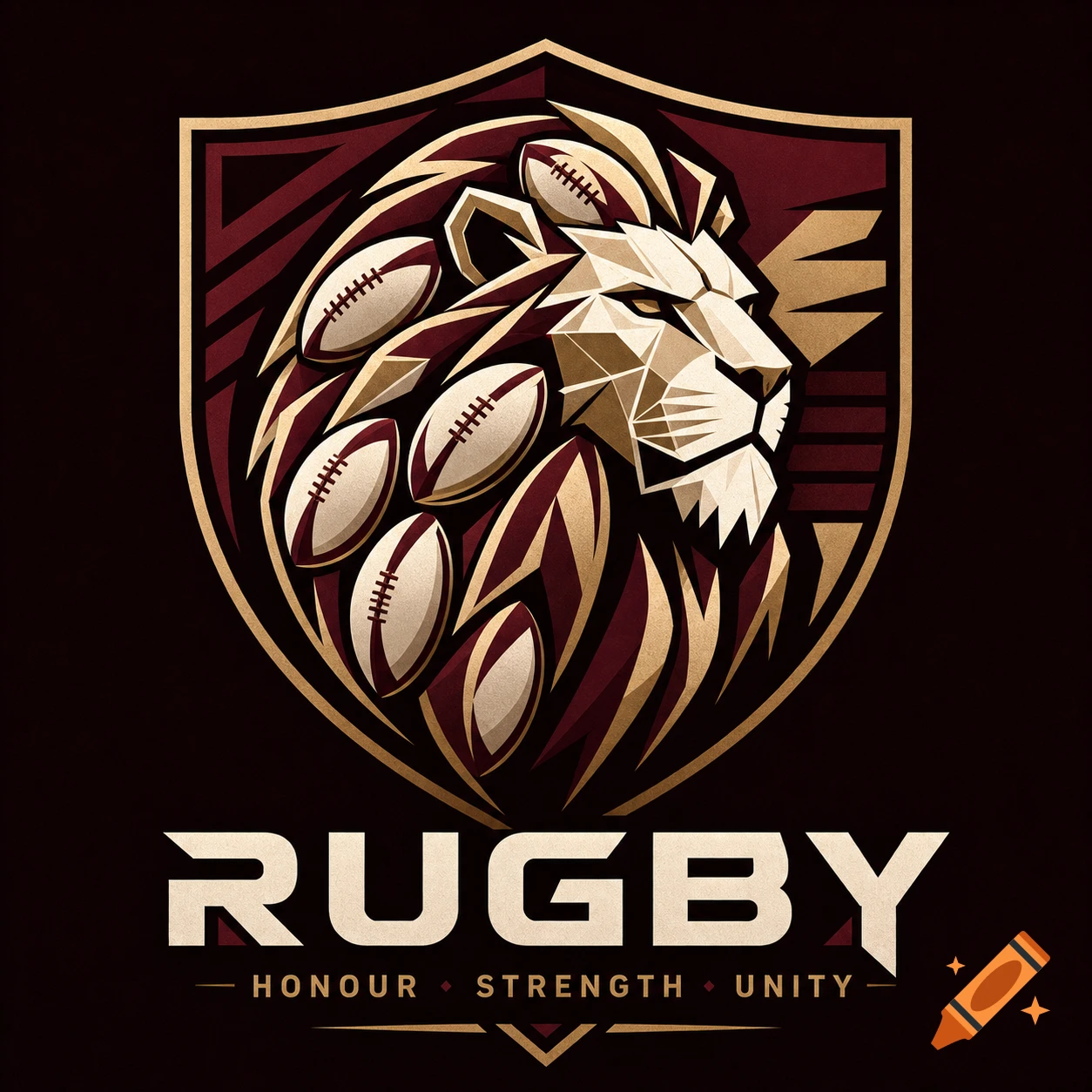 Stylized rugby logo featuring a geometric lion head, rugby balls, and the text 'RUGBY HONOUR STRENGTH UNITY' within a shield.