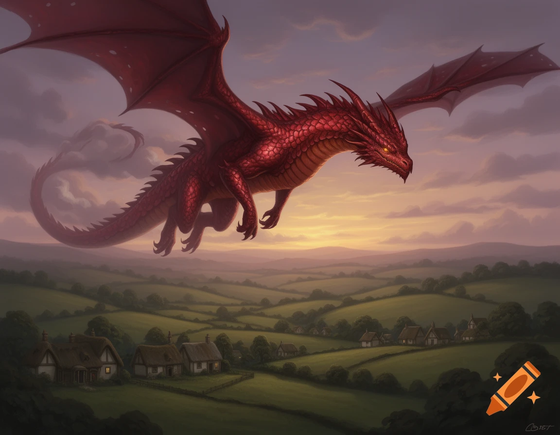A majestic red dragon with glowing eyes soars over a peaceful green valley and a small village at sunset, in a painted style.