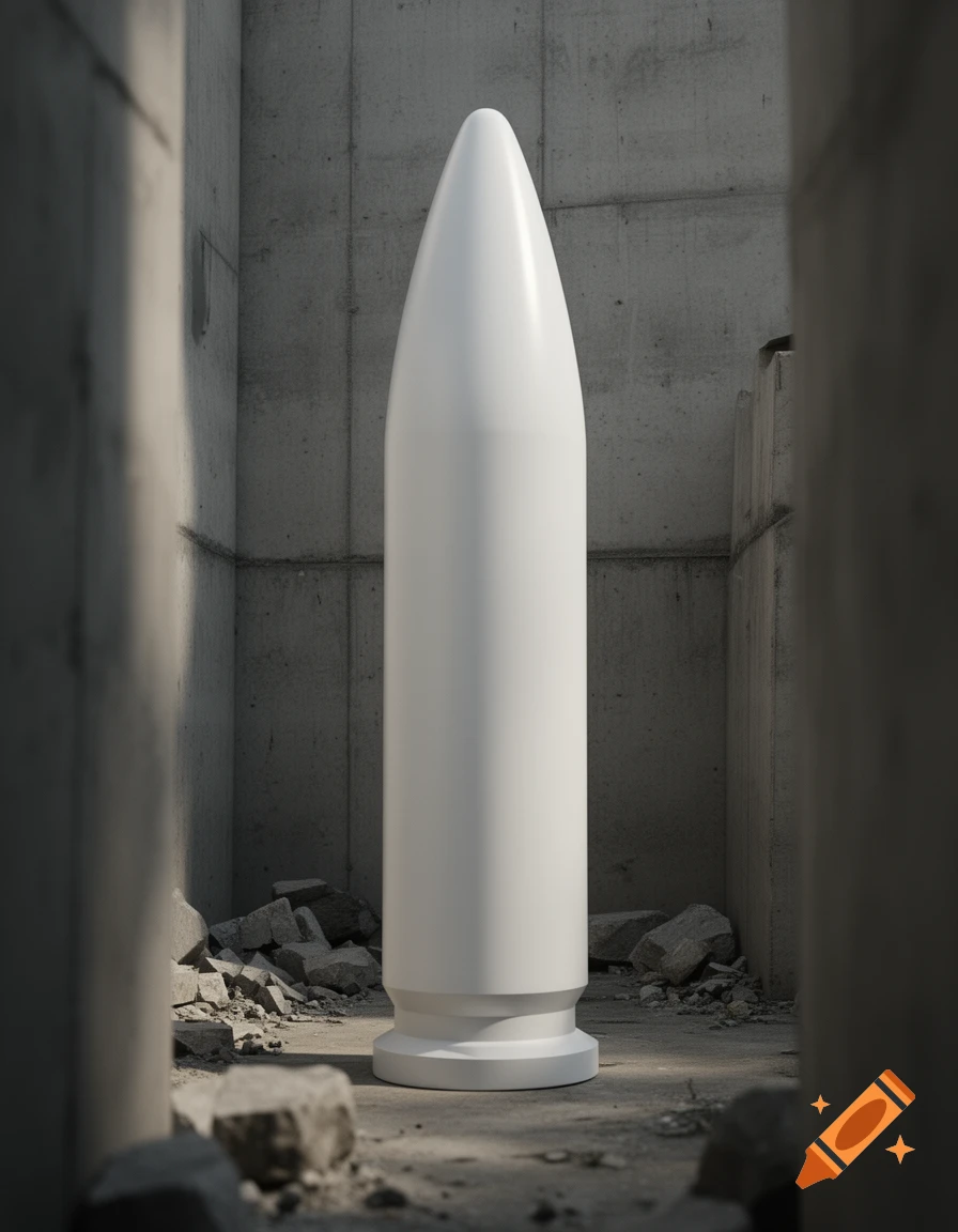 A large, sleek white missile-shaped object stands in a dilapidated concrete room filled with rubble, photorealistic.