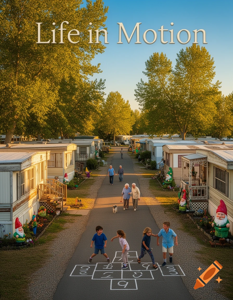 Photorealistic image of a mobile home park street with children playing hopscotch, adults walking, and garden gnomes, titled "Life in Motion".