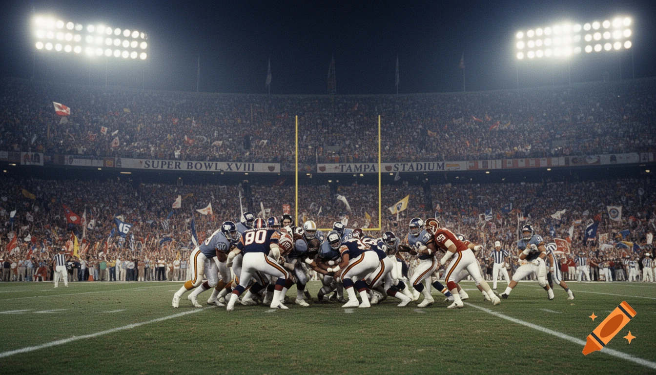 Photorealistic Super Bowl XVIII game with players in a huddle on a floodlit field in a packed stadium.
