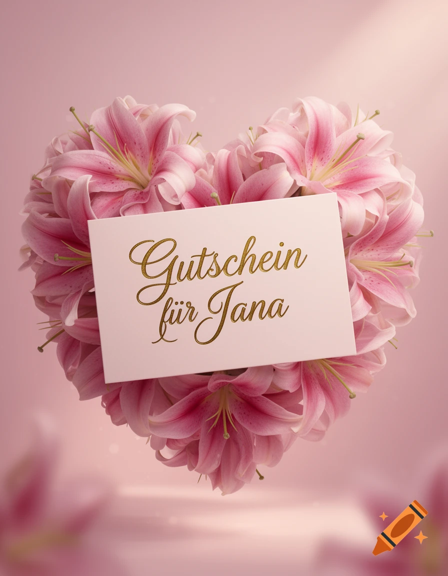 A heart shape made of vibrant pink lilies with a white card in the center, featuring golden script that reads 'Gutschein für Jana', on a soft pink background.