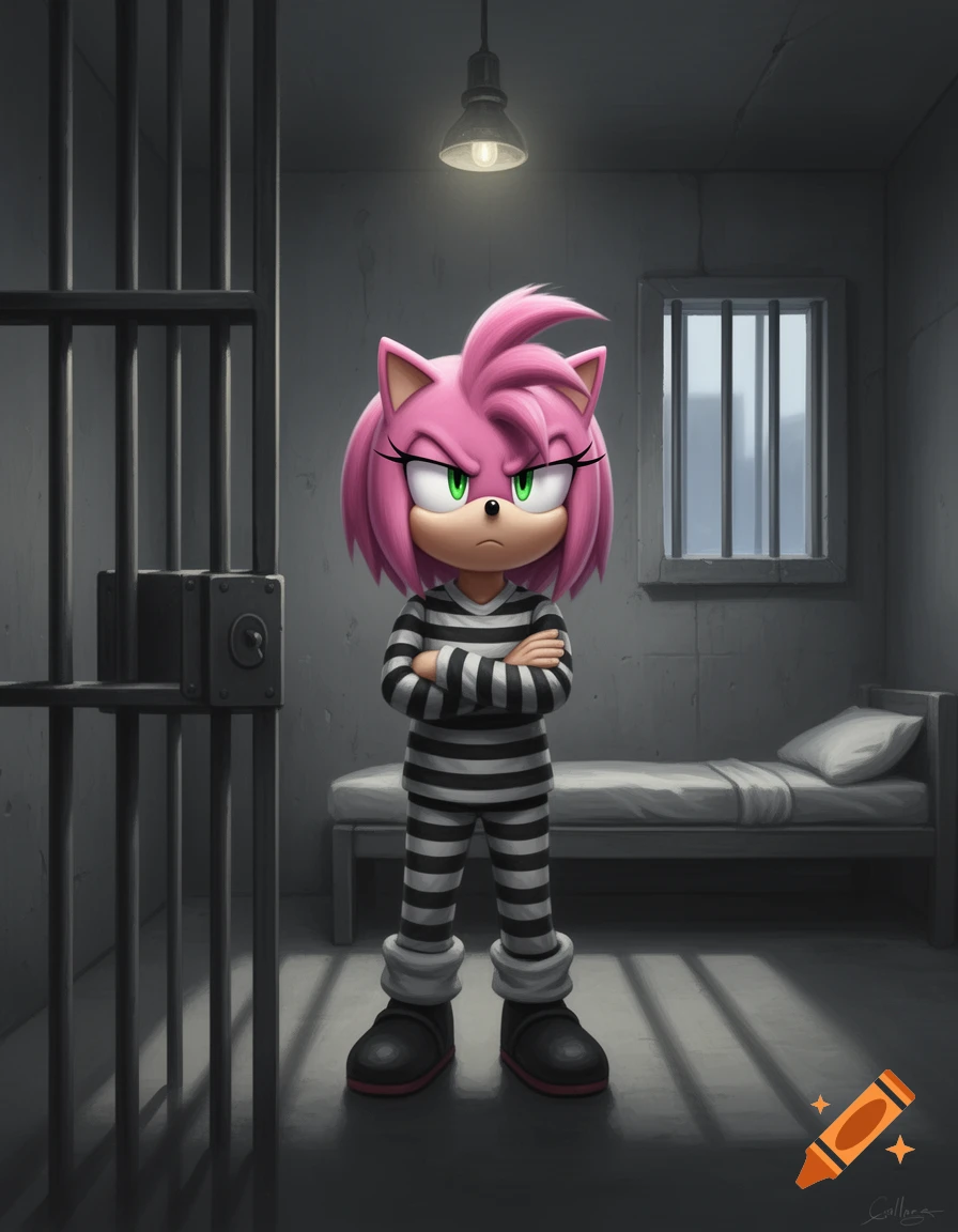 Amy Rose, a pink hedgehog from Sonic, stands defiantly in a striped prisoner uniform inside a stark prison cell.