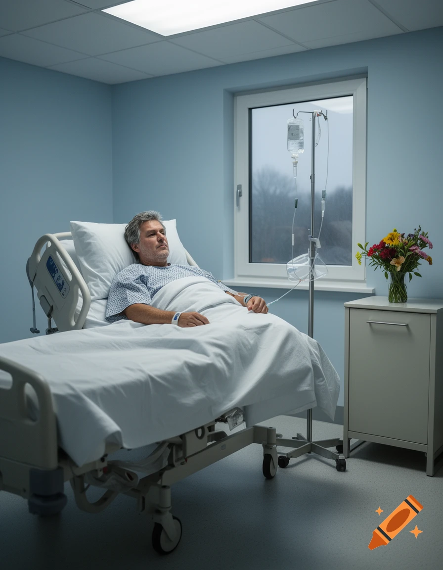 A man lies in a hospital bed, an IV drip next to him, with flowers on a nightstand by a window.