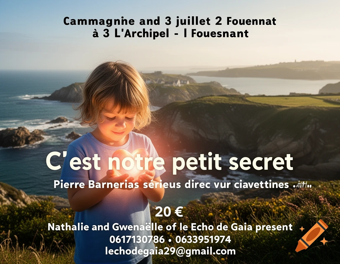 A child holds a glowing heart over a coastal landscape with green hills and a sea view. Text advertises an event.