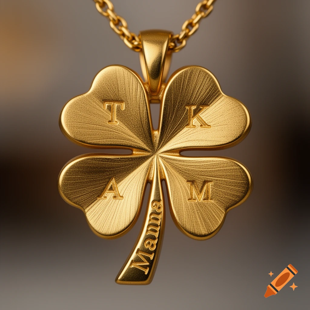 Close-up of a photorealistic gold four-leaf clover pendant with engraved letters T, K, A, M and 'Mama' on the stem.