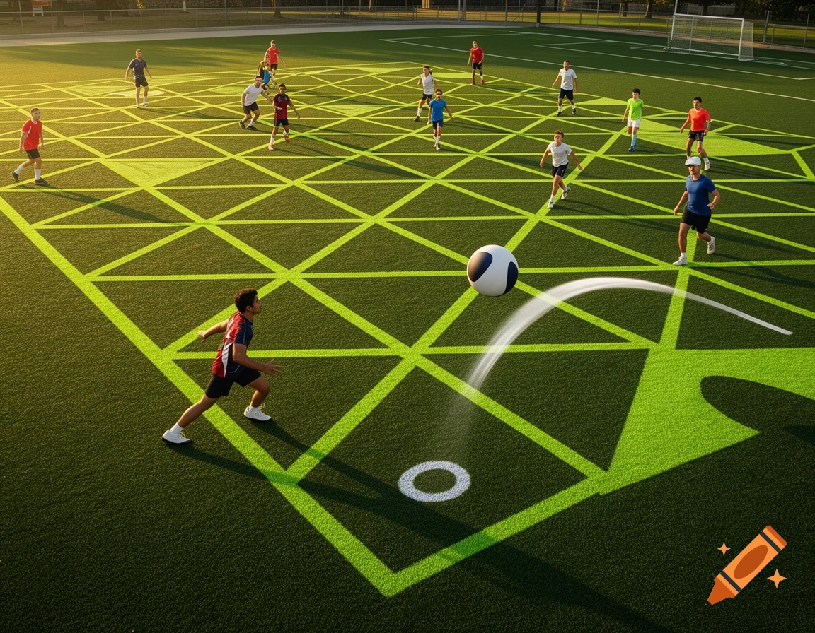 High-angle view of players on a green sports field with geometric lines, a ball in mid-air with a motion trail.