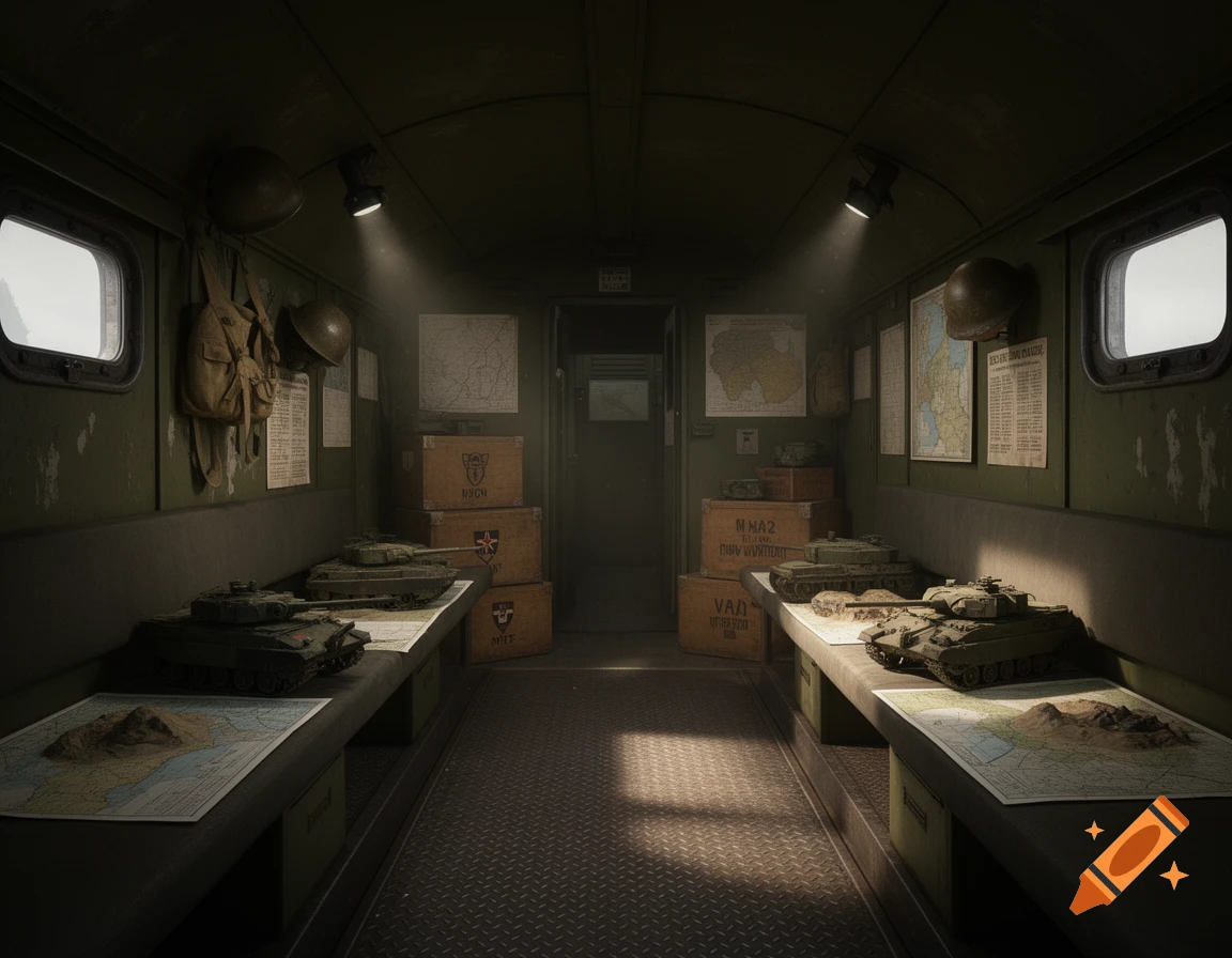 Interior of a dark green military train wagon with tactical tank models on tables, maps on walls, and stacked crates.