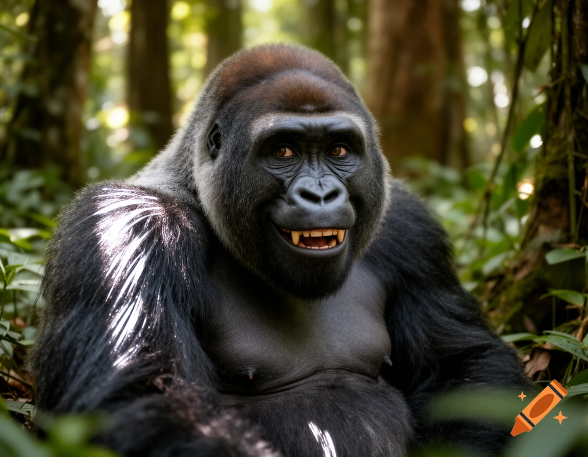 A photorealistic close-up of a smiling gorilla with teeth showing, sitting in a lush green jungle.