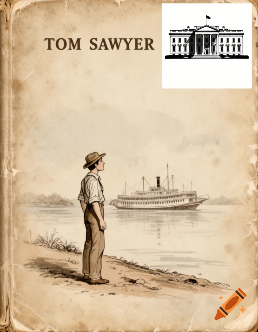 Vintage illustration of a book cover for 'TOM SAWYER' showing a boy on a riverbank looking at a steamboat, with a White House drawing.