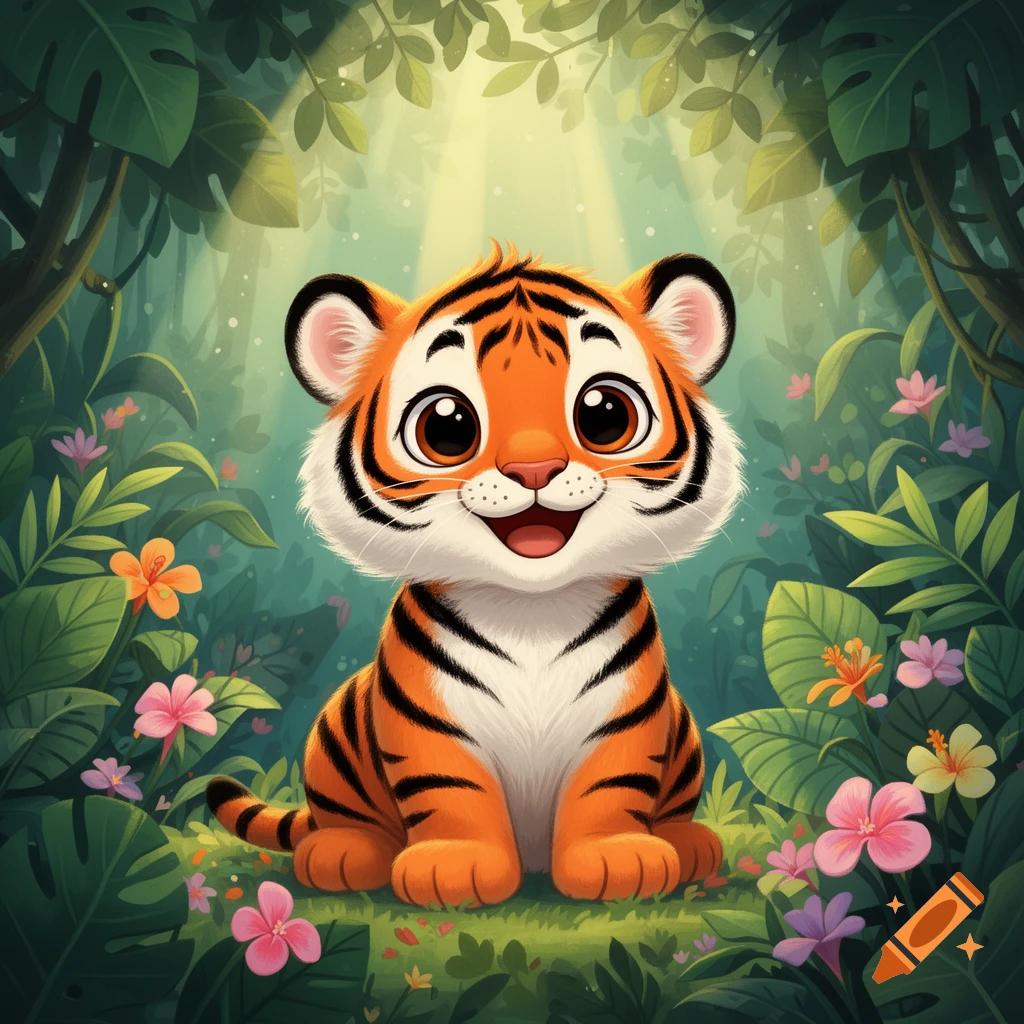 A cute, smiling baby cartoon tiger with big eyes sitting in a vibrant jungle with flowers.