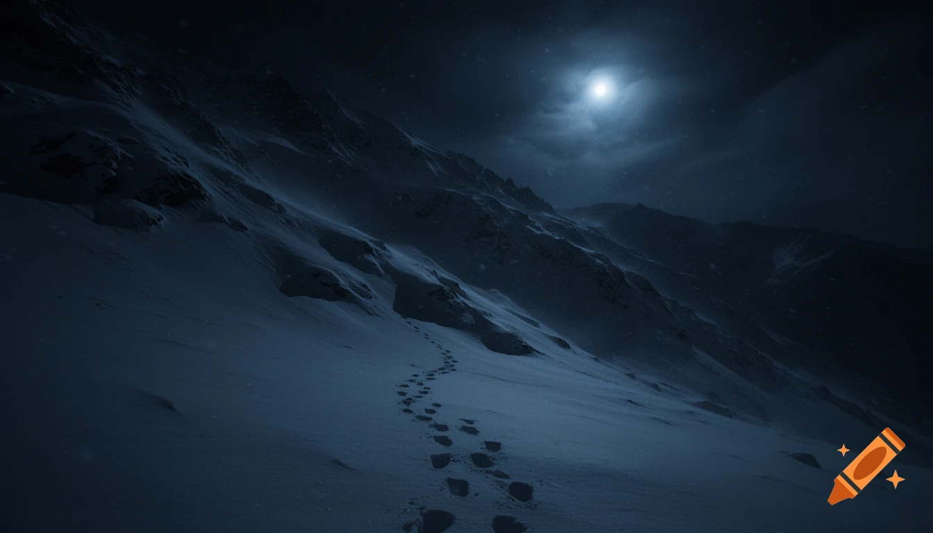Human footprints ascend a snowy mountain slope at night under a cold blue moon, creating a cinematic, mysterious atmosphere.
