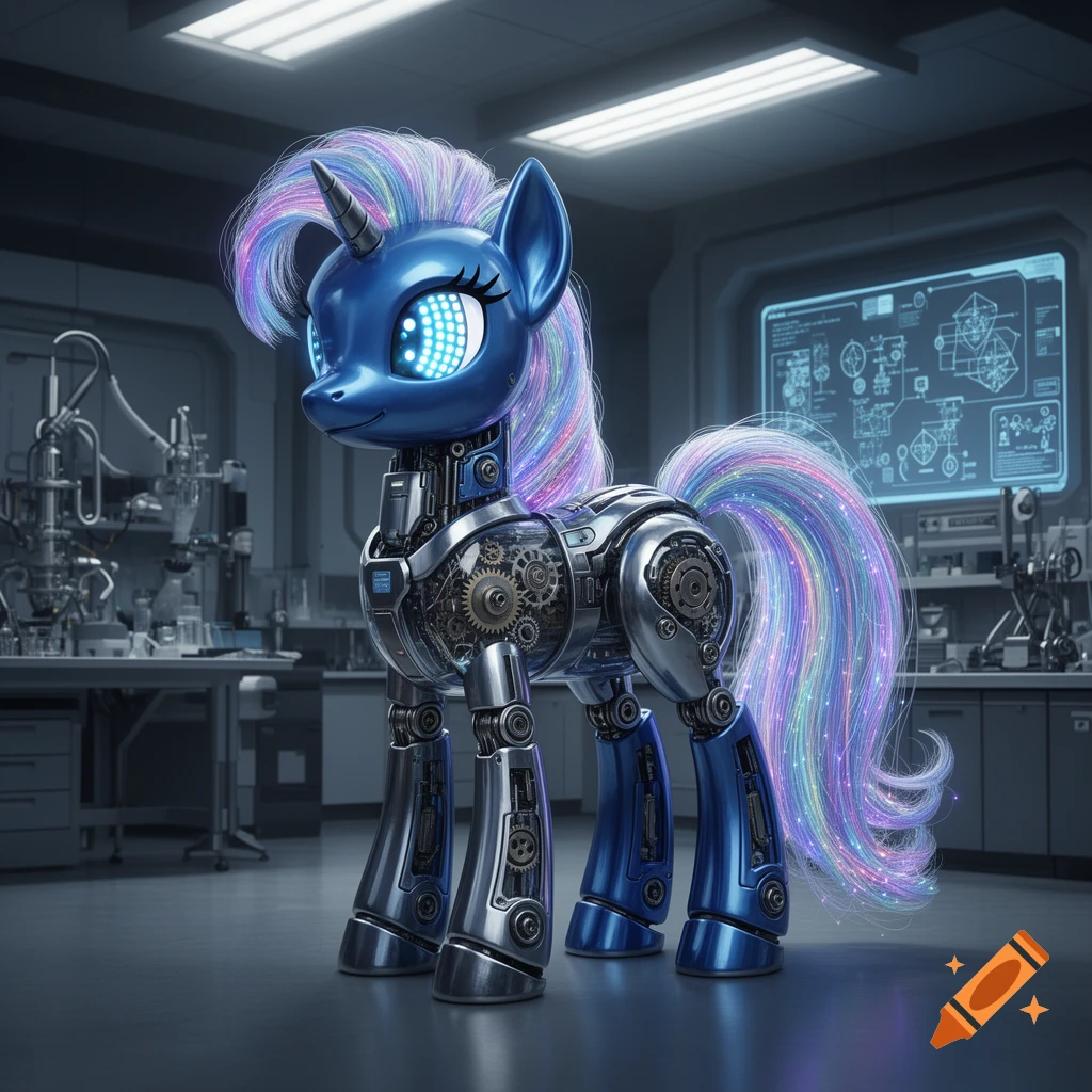A detailed robotic My Little Pony unicorn, blue and silver with visible gears and glowing eyes, stands in a futuristic laboratory.