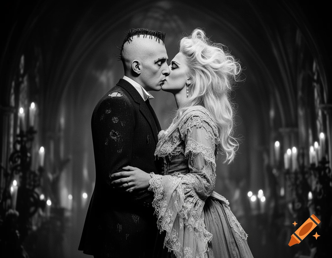 Black and white photo of a man dressed as Frankenstein's monster kissing a woman dressed as the Bride of Frankenstein in a gothic setting.