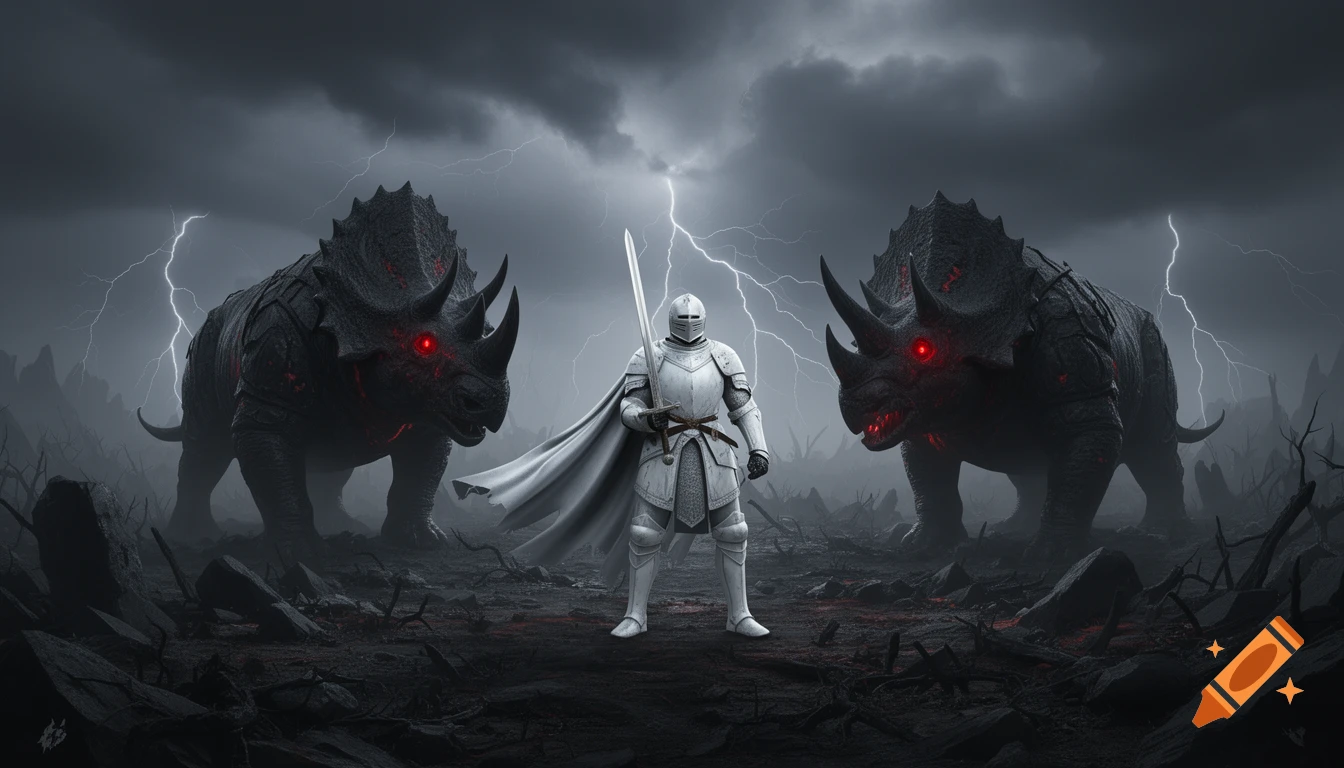 A lone white knight with a sword confronts two massive black triceratops-like demons with red eyes on a desolate, stormy battlefield with lightning.