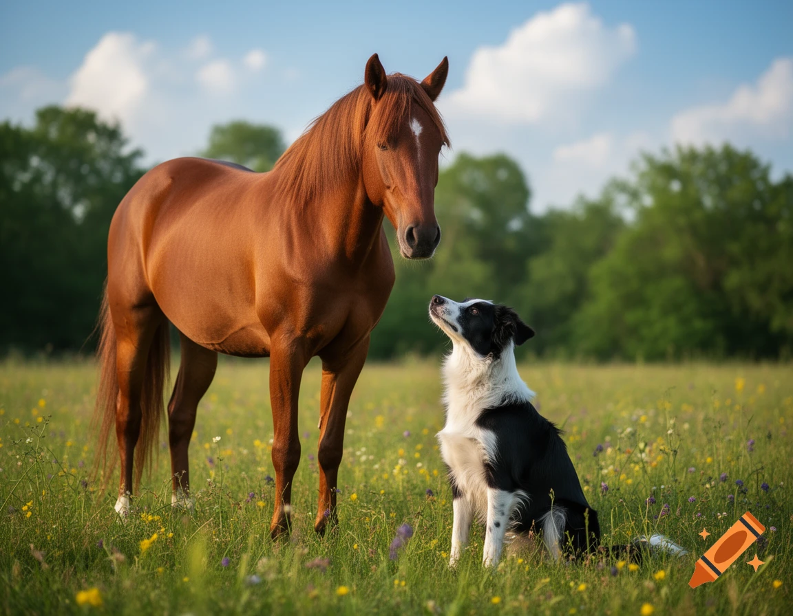 A photorealistic image of a brown horse standing in a sunny wildflower field, with a black and white Border Collie dog sitting and looking up at it.