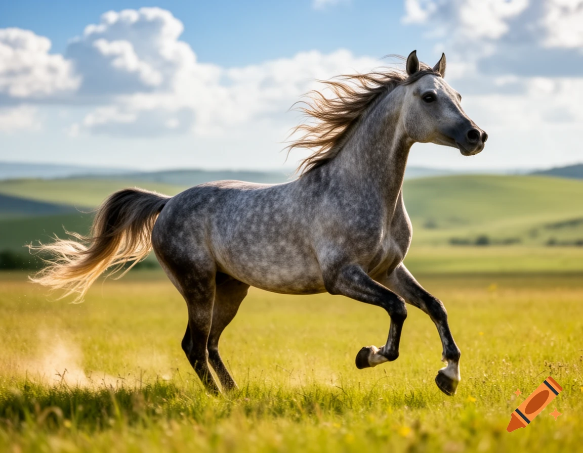 A dappled grey Arabian horse gallops through a sunlit green field under a blue sky with clouds.