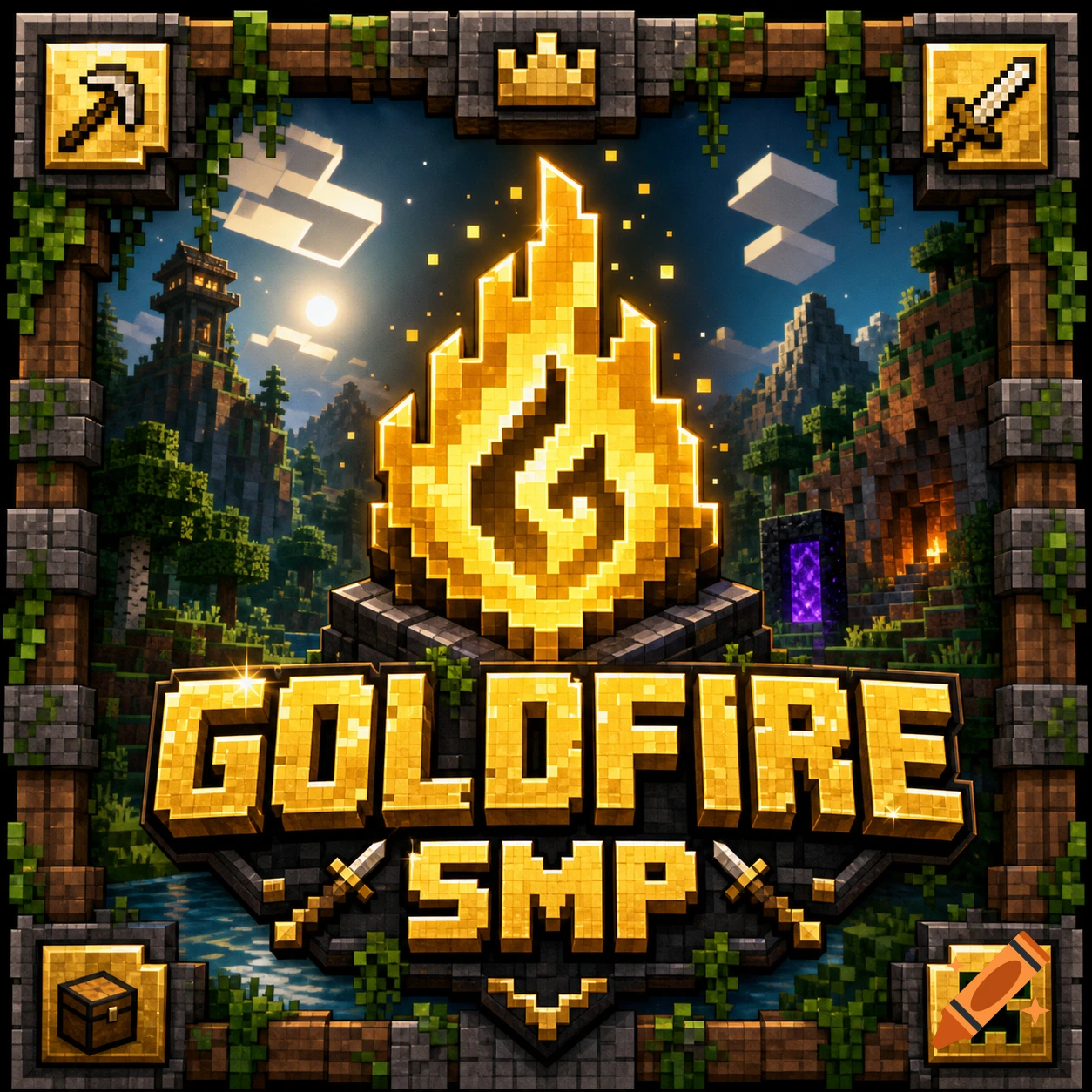 A vibrant pixel-art Minecraft-style logo features a golden fire icon, the text 'GOLDFIRE SMP', and various game elements within a blocky frame.