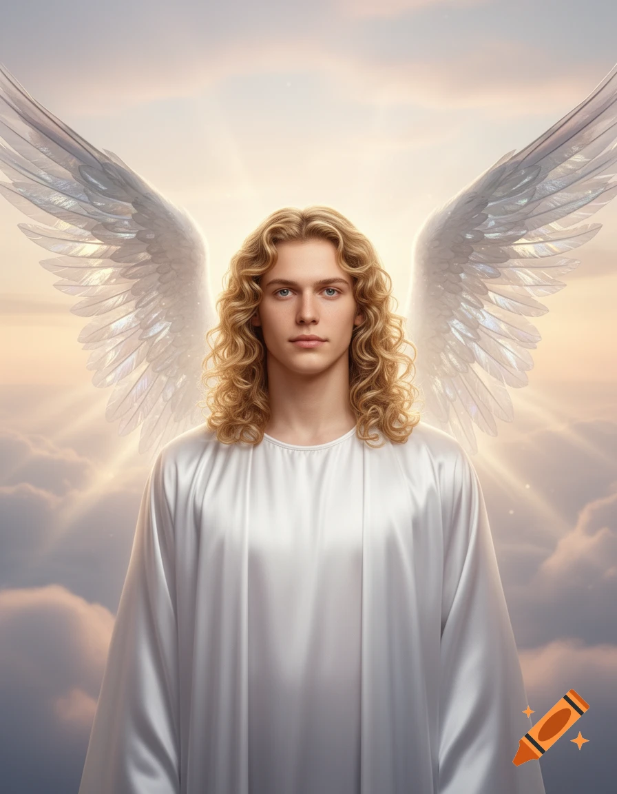 A blond man with curly hair and blue eyes, wearing a white robe and large feathery white wings, stands against a bright, cloudy sky.