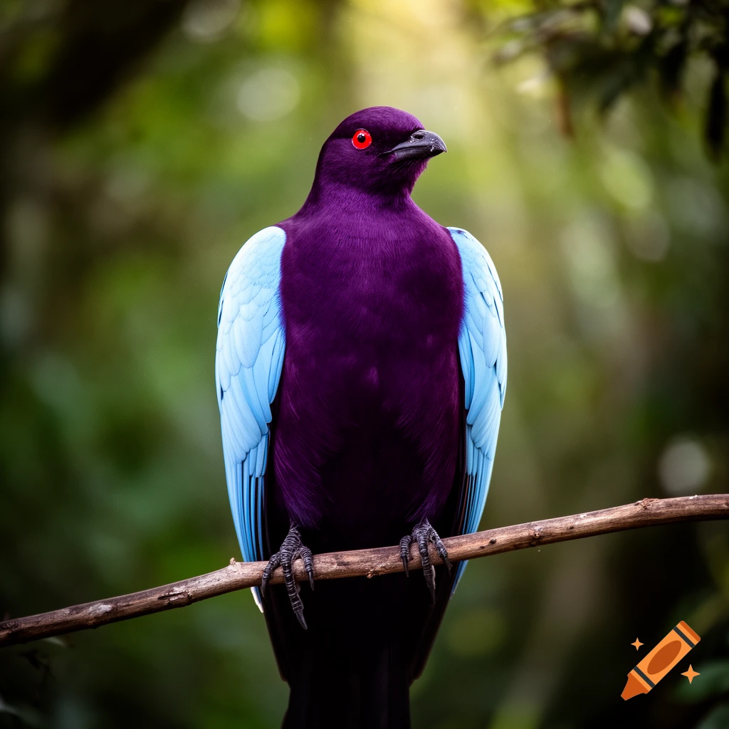 A photorealistic large bird with a dark purple body, light blue wings, and red eyes, perched on a branch.