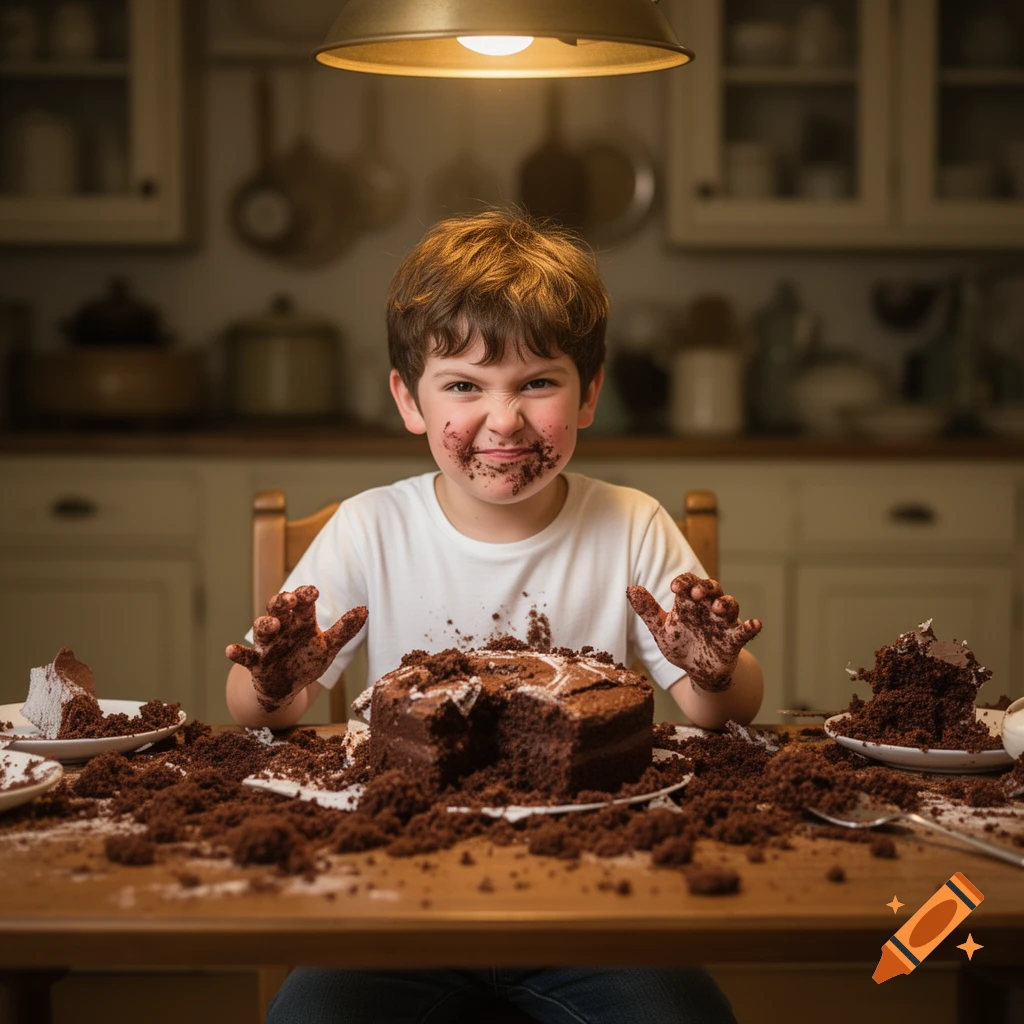 A young boy with a mischievous grin, face and hands covered in chocolate cake, sits at a messy table in a kitchen.