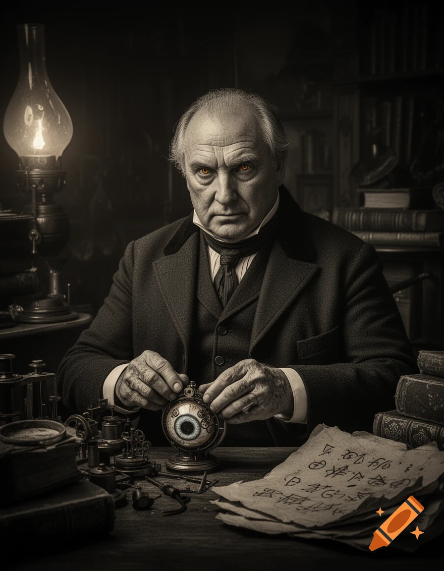A serious old man with glowing orange eyes holds a mechanical eye-device at a cluttered desk with cryptic papers. Photorealistic, black and white.