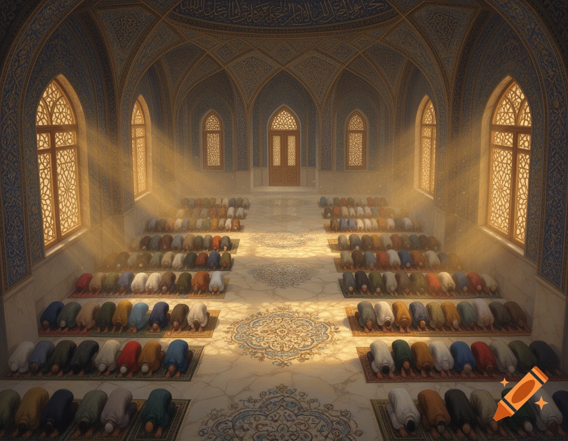 A high-angle view of many people in colorful attire praying in prostration inside a grand, ornate mosque with light rays streaming through large windows.