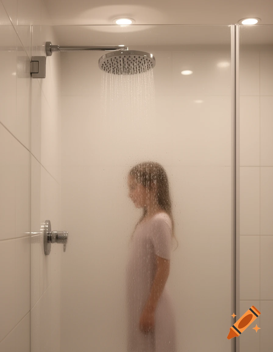 A girl with long hair showering behind a steamed glass door in a modern bathroom, seen from the side.