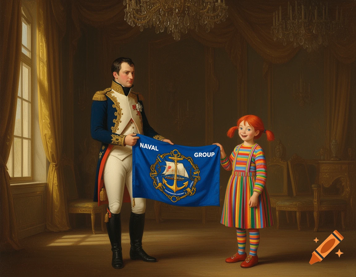 Napoleon Bonaparte and Pippi Longstocking hold a blue flag with 'NAVAL GROUP' in an ornate room, in an oil painting style.