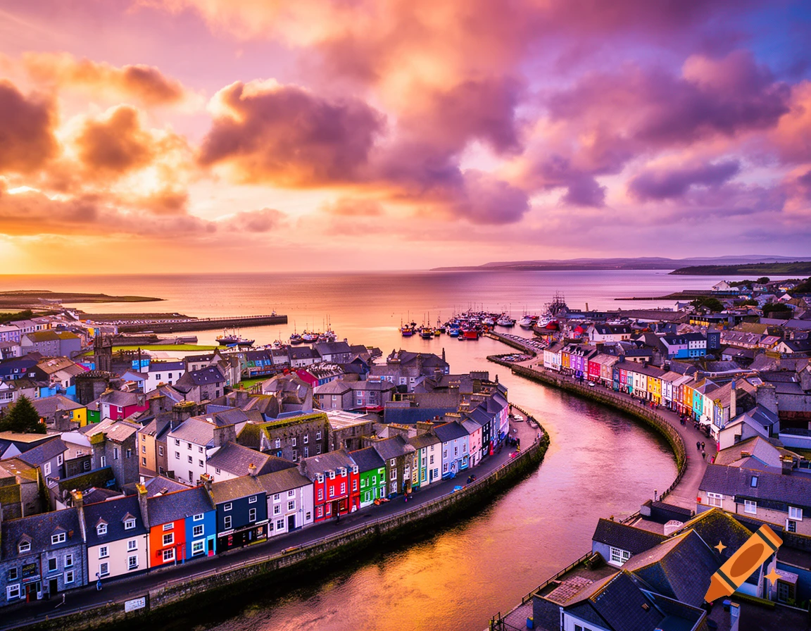Aerial view of a colorful coastal city and harbor at sunset with vibrant orange and purple clouds.