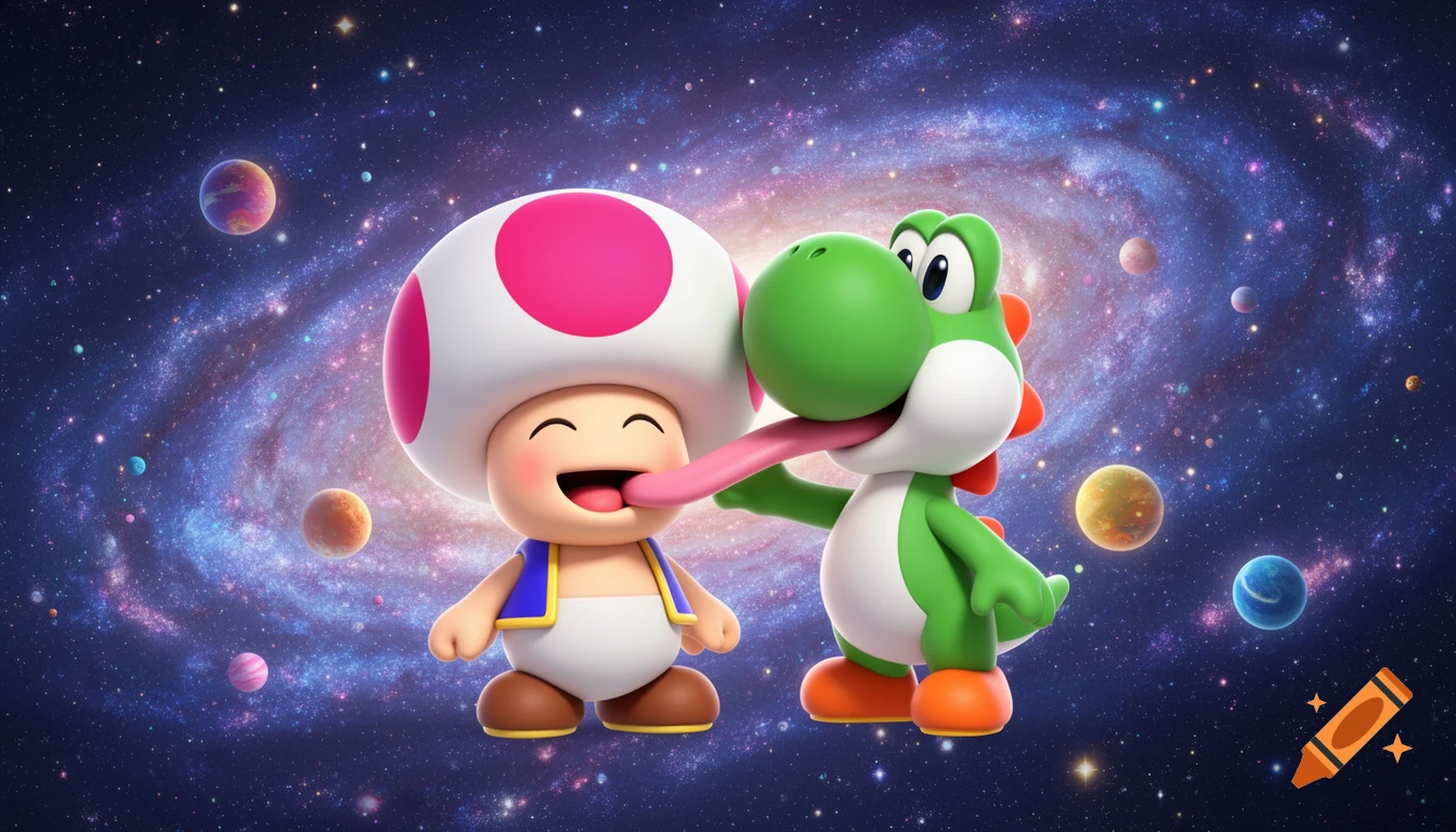 Yoshi playfully licks Toad's cheek, both happy, in a vibrant 3D animation style within a cosmic galaxy filled with planets.