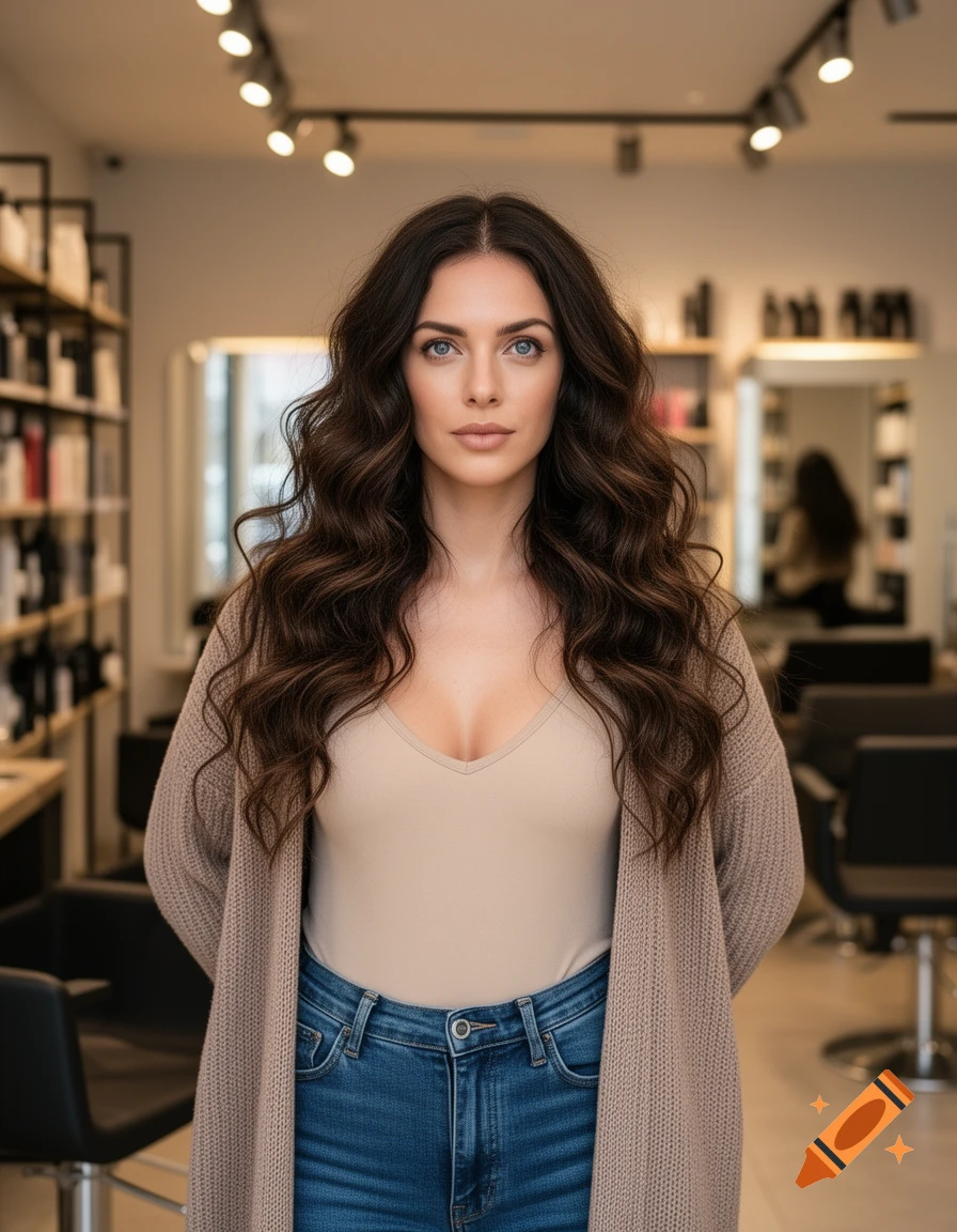 A photorealistic portrait of a woman with long wavy dark brown hair, wearing a beige tank top and taupe cardigan, standing in a modern hair salon.