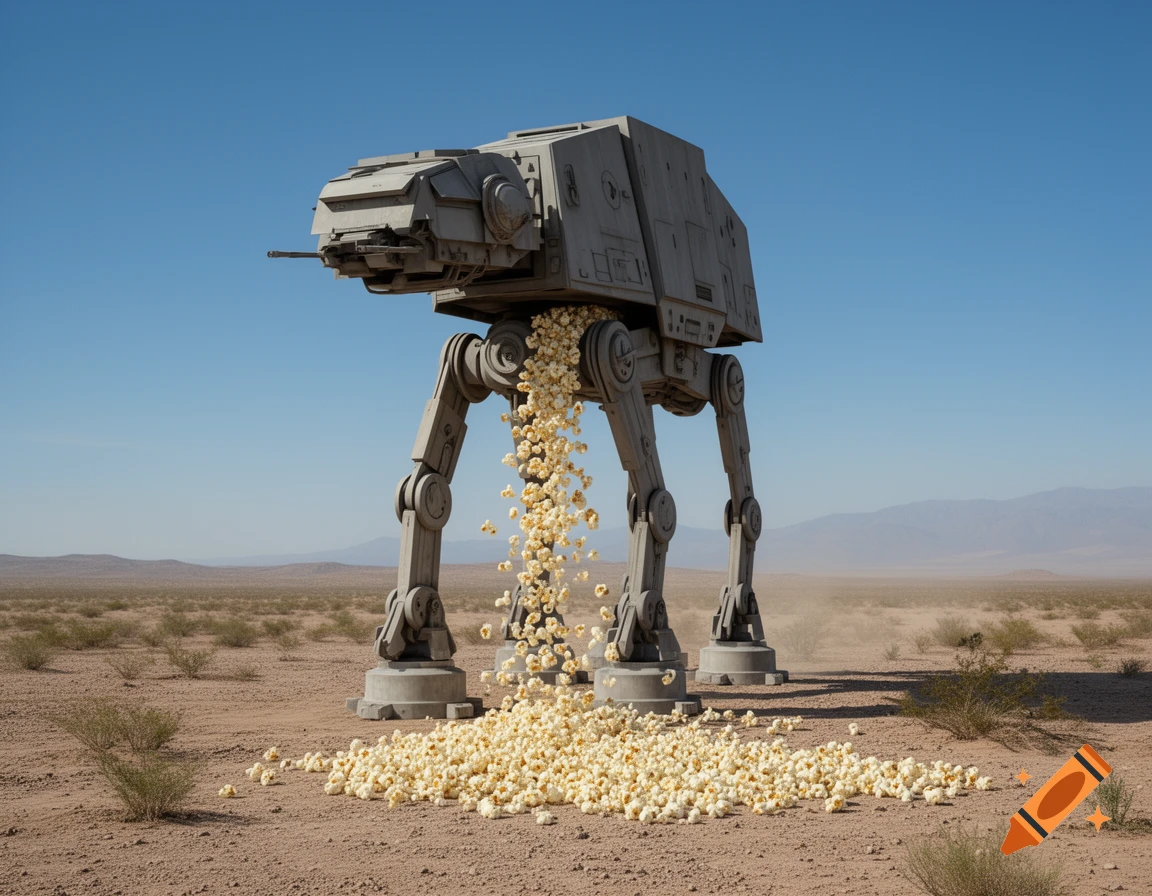 A photorealistic AT-AT Walker spills popcorn onto a barren desert under a clear blue sky.