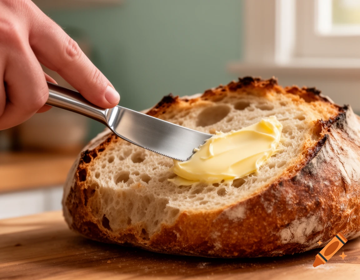 A close-up, photorealistic shot of a hand spreading yellow butter on a slice of rustic white bread.