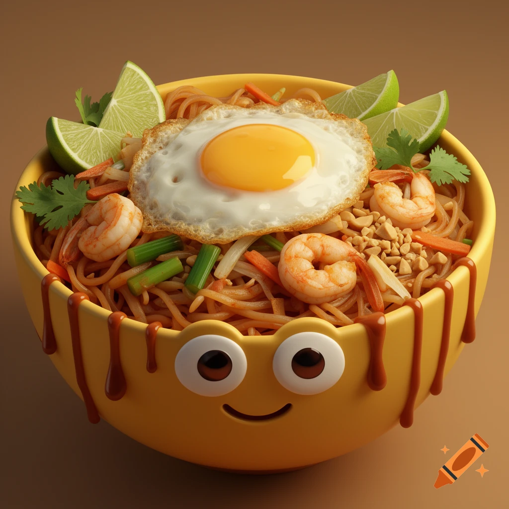 A 3D cartoon yellow bowl with a happy emoji face, filled with Pad Thai featuring noodles, shrimp, fried egg, lime, and peanuts.