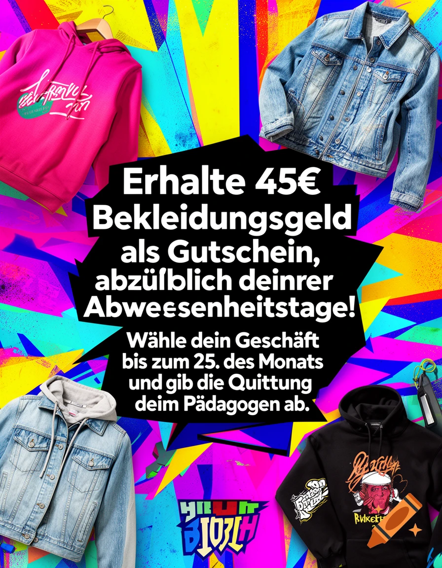 A vibrant poster with a colorful abstract background advertising a 45 euro clothing voucher. It features several hoodies and denim jackets. German text explains the voucher details.