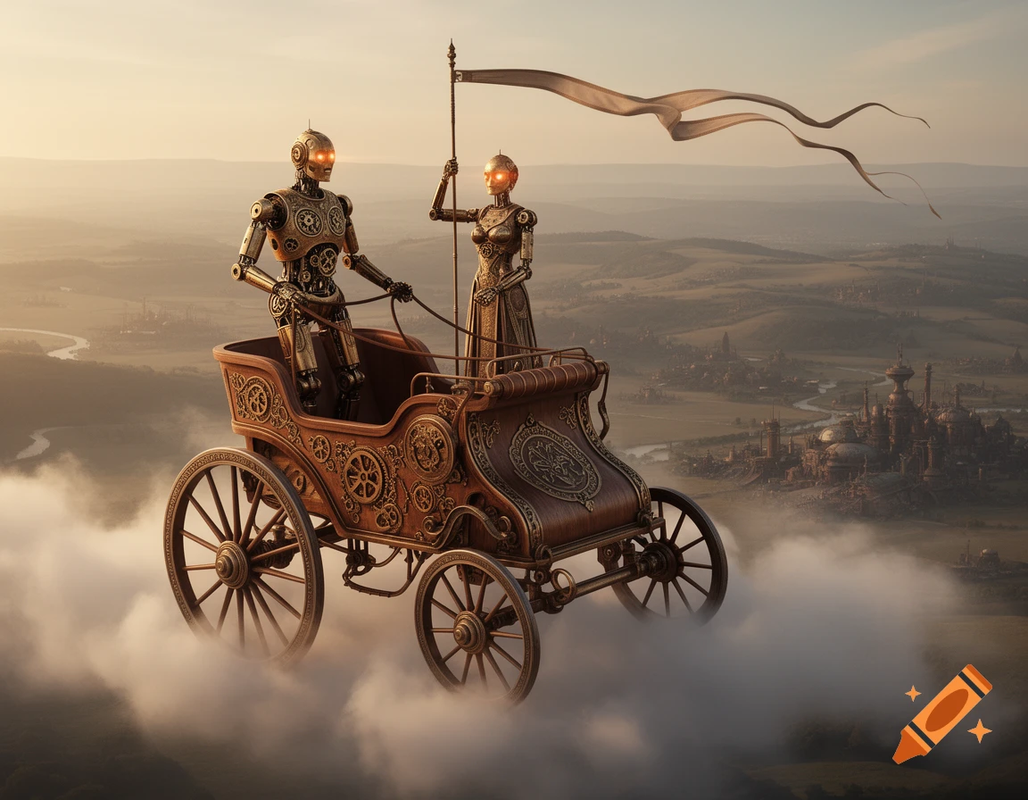 Two steampunk robots ride an ornate chariot in the clouds above a sprawling steampunk city at sunset.