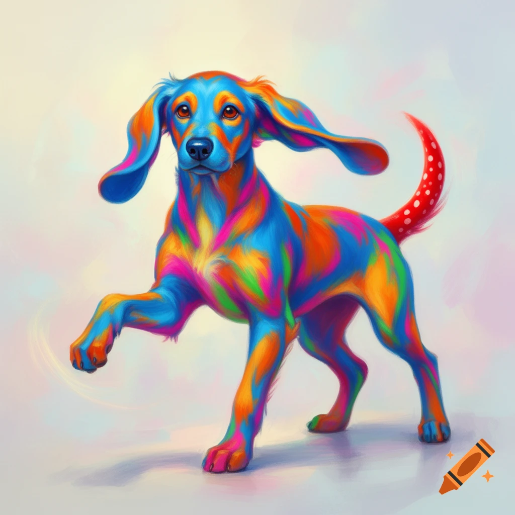 A vibrant, rainbow-colored dog with long ears stands with one paw lifted, its tail red with white spots.
