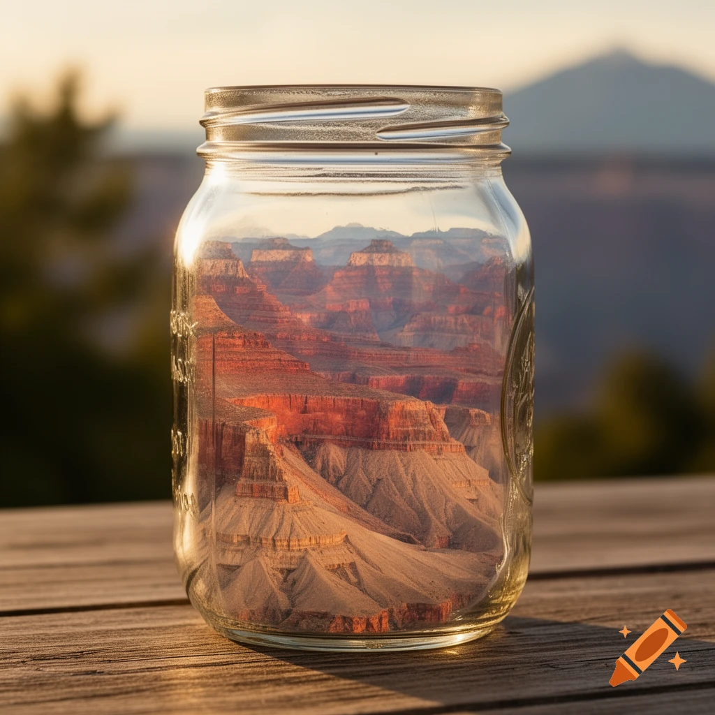 A photorealistic image of the Grand Canyon miniaturized inside a glass mason jar, sitting on a wooden surface at golden hour.