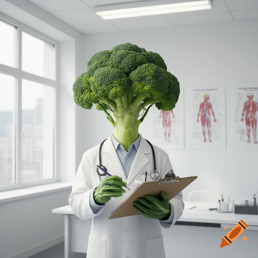 A doctor with a large broccoli head, wearing glasses, a white lab coat, and a stethoscope, holding a clipboard in a medical office.