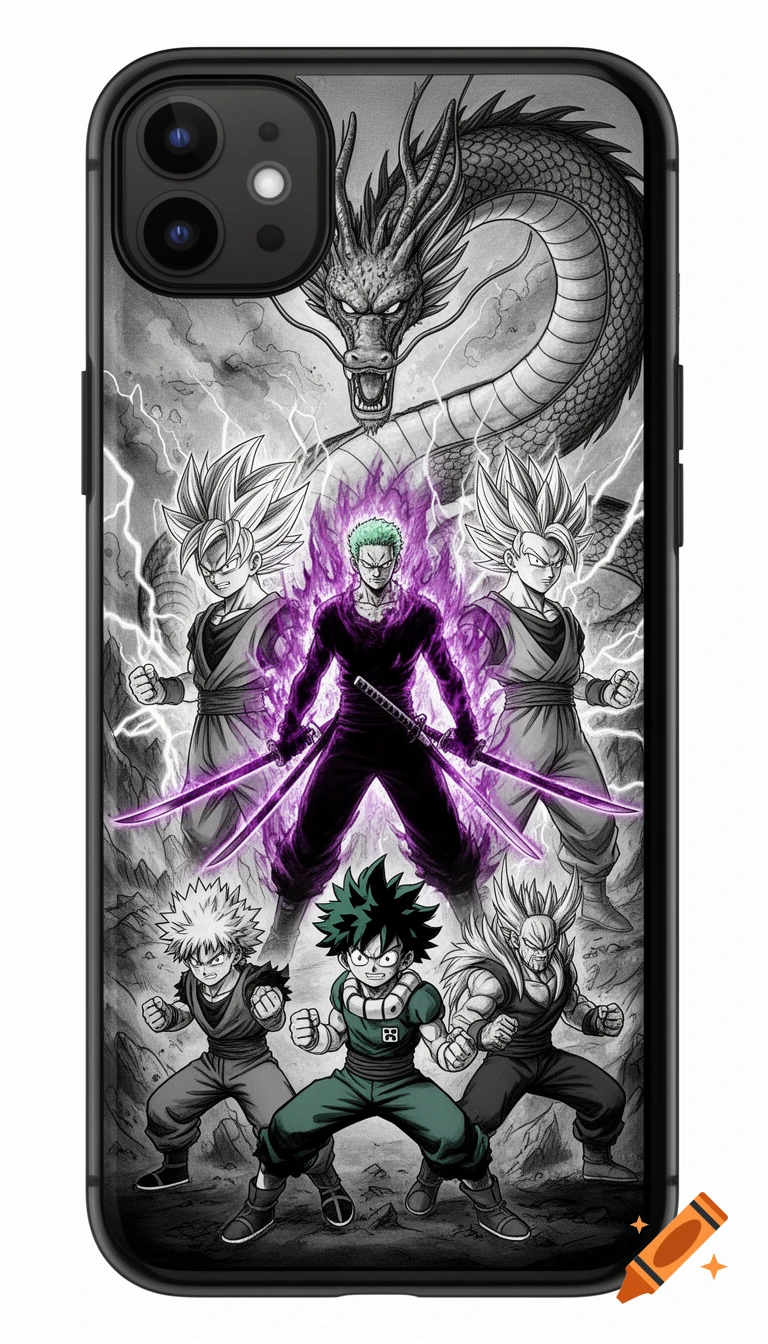 Manga-style phone case design with Zoro, Goku, Gohan, Midoriya, Bakugo, and All Might in dynamic poses, framed by Shenron dragon.