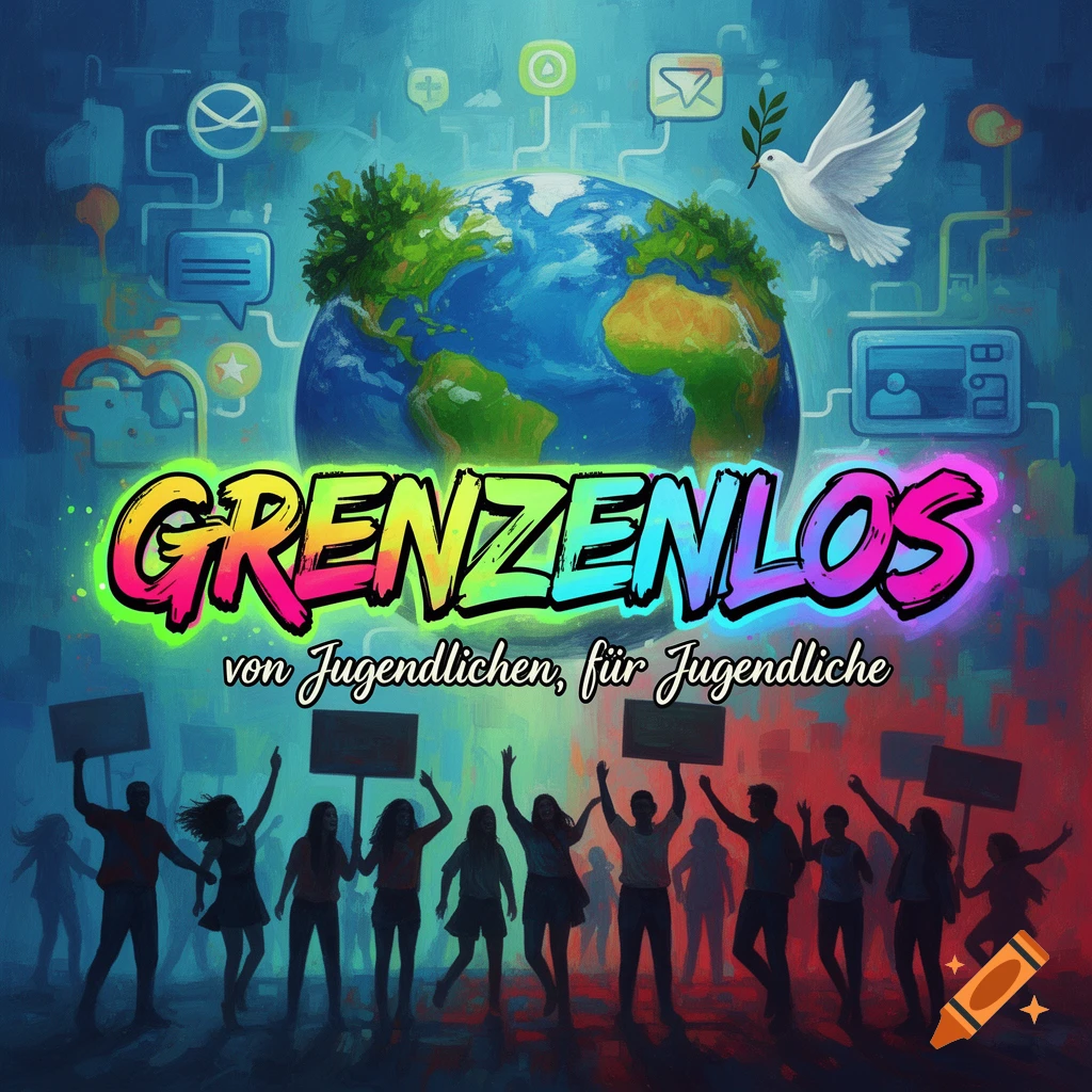 Vibrant podcast cover digital art: a globe, a dove, social media icons, and silhouetted youth below the text 'GRENZENLOS von Jugendlichen, für Jugendliche'.